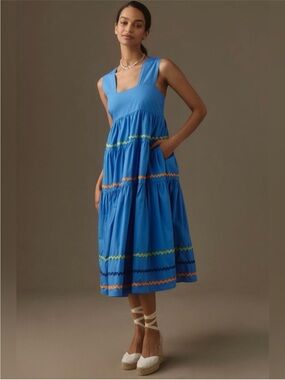 Anthropologie Helena Square-Neck Tiered Midi Dress Smocked Scallop size S blue
